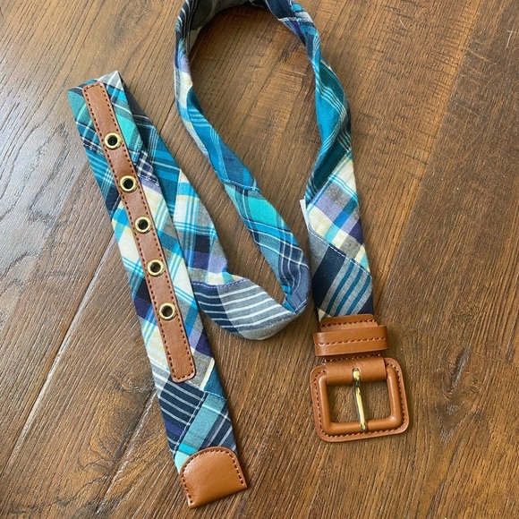 NWT Talbots Blue Plaid Cotton with Leather Trim Academia Preppy Belt SZ S - Picture 1 of 4